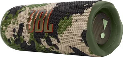 A JBL Flip 6 Bluetooth speaker with a camouflage pattern.
