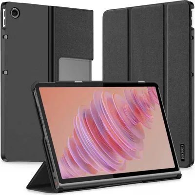 A black tablet case is shown in a studio setting, with the tablet inside the case displayed in the foreground.