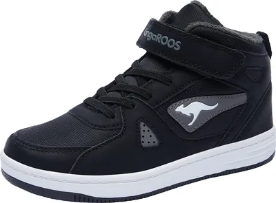 A single black high-top sneaker with white soles and gray accents, featuring a kangaroo logo and brand name.