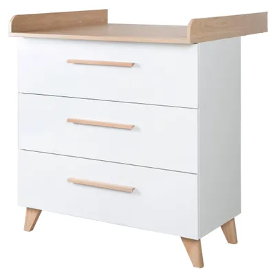 Produktbild von roba Wickelkommode Leon mit abnehmbarem Aufsatz + 3 Schubladen - Mitwachsende Babykommode - Griffe & Füße aus Holz - Weiß / Nachbildung in Othello Eiche