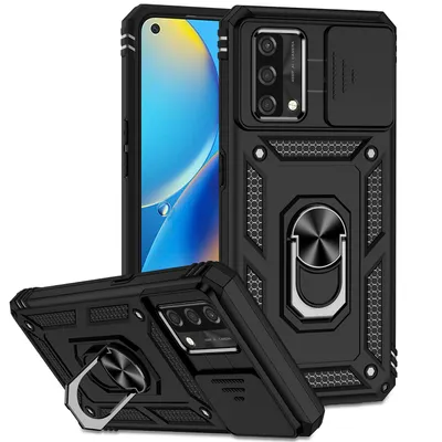 Immagine prodotto di Custodia per OPPO A74 4G / F19 a doppio strato con copertura scorrevole della fotocamera e supporto ad anello nero