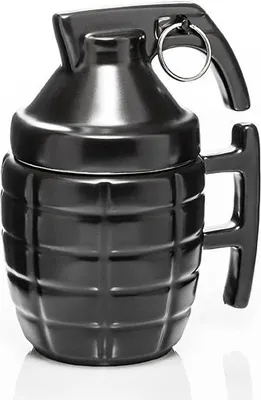 A black ceramic mug shaped like a hand grenade with a lid and handle.