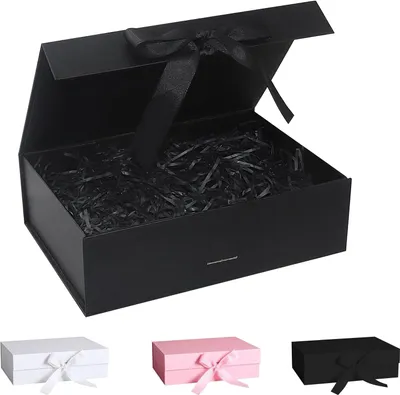 Produktbild von Gift Box with Bow, Gift Box with Lid, Gift Box with Ribbon and Shredded Paper, Magnetic Gift Boxes for Wedding, Birthday, Christmas, Anniversary (Black, 23 x 17 x 7 cm)