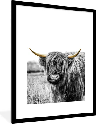 Produktbild von MuchoWow® Gerahmtes Poster Schottischer Highlander - Schwarz & Gold - Hoorn 60x80 cm - Poster mit Schwarzem Bilderrahmen Wandposter Rahmen Foto Bilder - Wohnzimmer - Dekorationen - Prämie