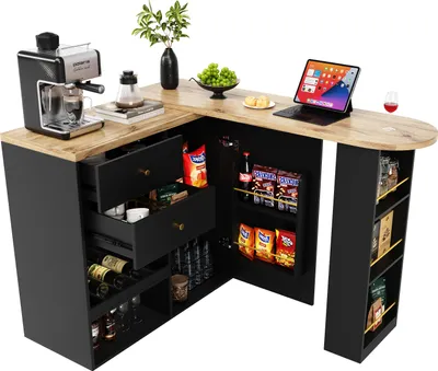 A modern L-shaped bar with a coffee maker, tablet, and various snacks and drinks displayed.