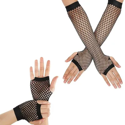 Produktbild von 2 Paar Netzhandschuhe - Fingerlose - Kurz/Lang - Einheitsgröße - Für Karnevalskostüme / Camping-Kitsch / Partyaccessoires / Verkleidungen - Schwarz