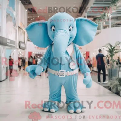 Immagine prodotto di Personaggio mascotte REDBROKOLY del costume dell elefante blu cielo vestito con una tutina e bretelle