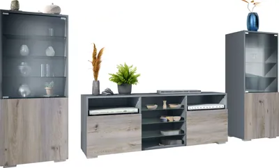 Produktbild von Vladon Wohnwand Granada, Anbauwand bestehend aus 2 Vitrinen und 1 TV-Board, Anthrazit matt/Eiche Nordic (286 x 122,5 x 35 cm)