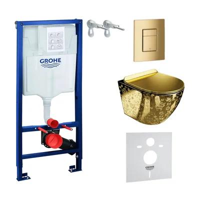 Produktbild von GROHE Vorwandelement Solido + Wand Hänge WC Sofi Slim Golden Eye Gold Spülrandlos + WC-Sitz SoftClose | Goldener Knopf | Komplettset | Unterputz Spülkasten | Toilette Komplett Sett