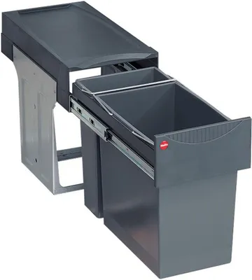 A pull-out kitchen waste bin system with two compartments, shown extended from a cabinet.