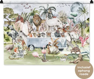 Produktbild von MuchoWow® Wandteppich Wandbehang Dschungel - Bus - Tiere - Kinder - Pflanzen 90x67.5 cm Tapisserie Dekoration Wandtuch - Fototeppich - Wand-Skulpturen