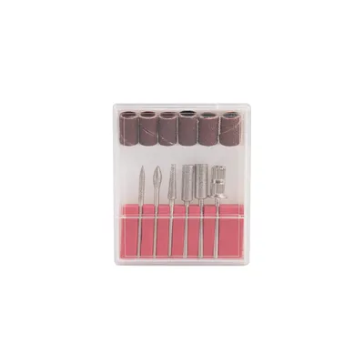 A set of nail drill bits and sanding bands in a clear plastic case.