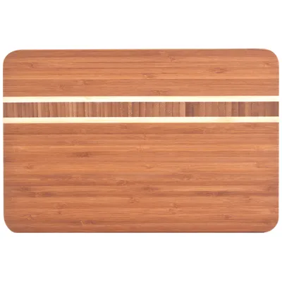 A top-down view of a wooden cutting board with a decorative stripe.