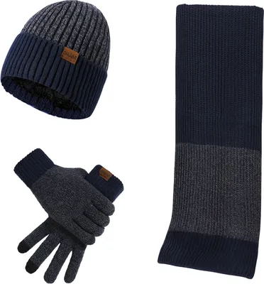 Obrázek produktu pro sada 3 kusů zimních čepic, šál a rukavic, dvoubarevný horizontální design / námořnická modř