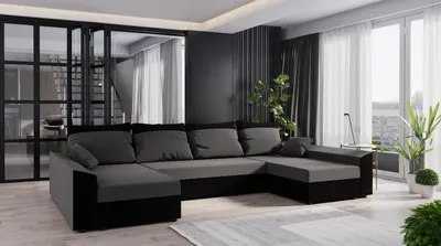 A modern living room with a large U-shaped sectional sofa.