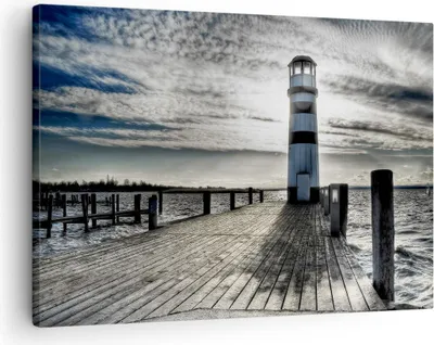 Produktbild von Bild auf Leinwand - Leinwandbild - See Leuchtturm Holzbrücke Wasser - 70x50cm - Wand Bild - Wanddeko - Leinwanddruck - Bilder - Kunstdruck - Wanddekoration - Leinwand bilder - Wandkunst - AA70x50-0330