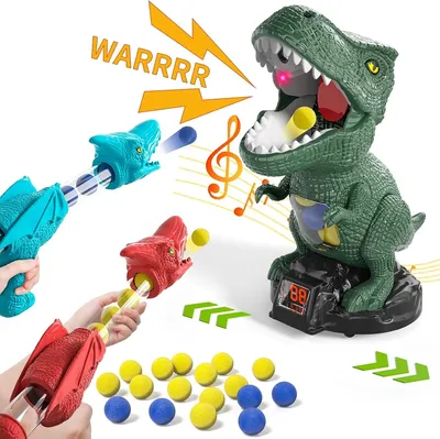 Produktbild von Dinosaurier-Schießspielzeug für Jungen, bewegliches Zielschießspiel Dinosaurier mit 2 Luftpumpenpistolen und 24 Schaumstoffkugeln, Punkteaufzeichnung, LEDs und Geräusche, geeignet für 4 5 6 7 8 9 10 Jahre alt
