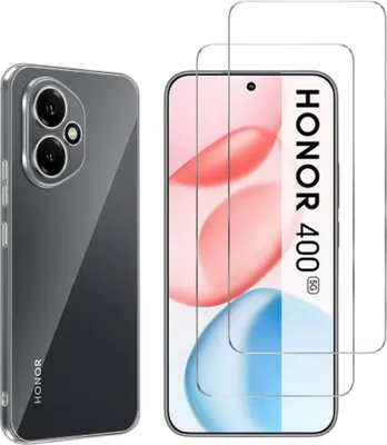 A clear phone case and two screen protectors are displayed against a white background.