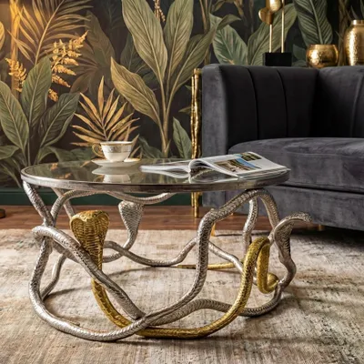 Produktbild von riess-ambiente Runder Couchtisch SNAKE 70cm gold silber Metall Schlangen-Skulptur Glasplatte