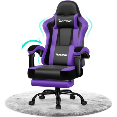 A purple and black gaming chair with a footrest, shown on a white and gray fluffy rug.