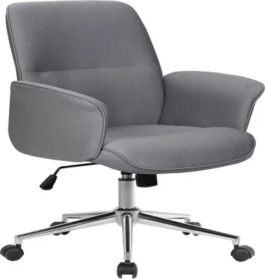 A gray office chair with a chrome base and wheels, shown from a three-quarter front view against a white background.