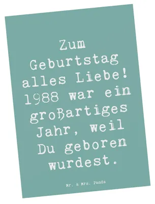 Produktbild von Mr. & Mrs. Panda Postkarte Spruch 1988 Geburtstag - Meeresbrise - Geschenk, Happy Birthday, Glückwunsch, Grußkarte, Geburtstagsgeschenk, Geboren, Jahrgang, Geburtsjahr