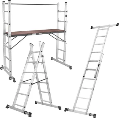 Produktbild von STAHLWERK rebríkové lešenie LG-270 ST nosnosť 150 kg, viacúčelový rebrík 3 v 1 / hliníkový skladací rebrík / pracovné lešenie / pracovná plošina / lešenie s protišmykovými priečkami