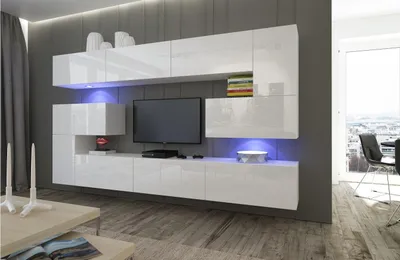 Produktbild von Furnitech Wohnwand Wohnzimmer - Wohnzimmer Möbel mit LED Weiß - Hängend Wohnwand Modern - Regale und TV Schrank (Albania AN3-17W-HG21 - 1A)