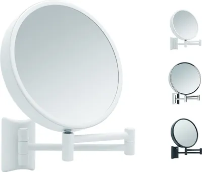 A white wall-mounted cosmetic mirror with an extendable arm, shown with smaller examples of the same mirror in silver and black.
