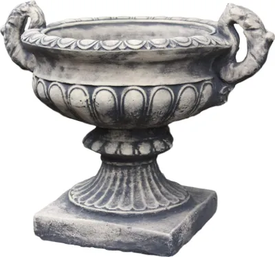 A stone urn on a pedestal, isolated on a white background.