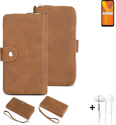 Produktbild von K-S-Trade Handy Schutz Hülle kompatibel mit Wiko Y62 + Kopfhörer Portemonnee Tasche Wallet-Case Bookstyle-Etui braun (1x)