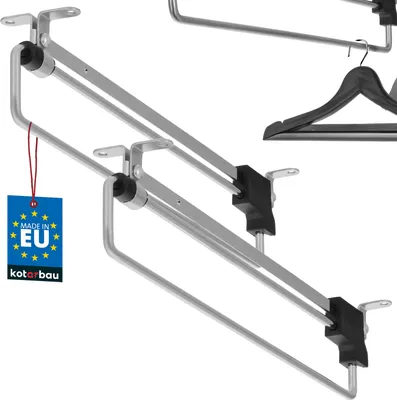 Two extendable clothes rails are shown against a white background. A black hanger is also visible.