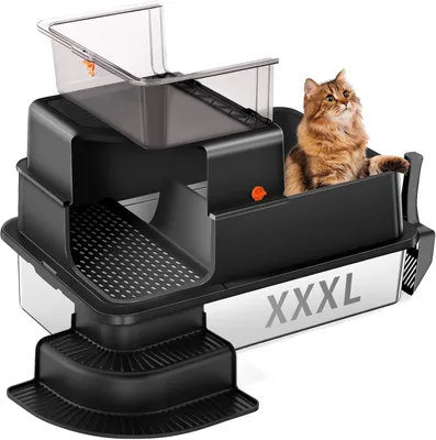 Imagen del producto de Arenero para gatos de acero inoxidable, tamaño XL, con paredes altas, de 70x50x40 cm, con filtro y pala para el gato