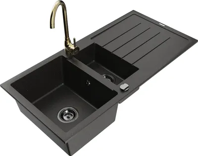 Produktbild von Mexen Andres 1,5-Becken-Granitspüle mit Abtropffläche und Mischbatterie Telma, Schwarz/Gold - 6515-75-670200-50-B