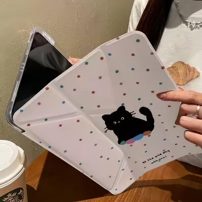 Image de Étui pour iPad 11 pouces (2025) – Étui de protection avec support pour stylet, pliable en Y et fonction support, pour Apple iPad 11 pouces, noir, motif chat