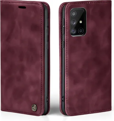 A product shot of a burgundy flip phone case, shown from two angles.