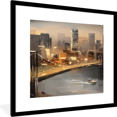 Produktbild von MuchoWow® Gerahmtes Poster Gemälde - Öl - Skyline - Stadt - Wasser 40x40 cm - Poster mit Schwarzem Bilderrahmen Wandposter Rahmen Foto Bilder - Poster - Plakat im Rahmen