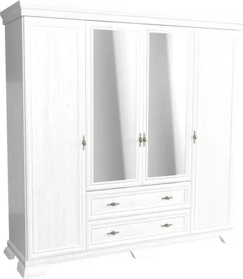 A white four-door wardrobe with mirrored middle doors and two drawers at the bottom.