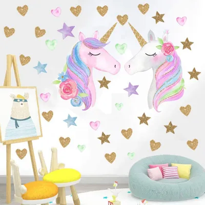 Obrázok produktu pre 2 listy Unicorn nástenné nálepky PVC vodotesné Unicorn nástenné nálepky Veľký Unicorn hviezdy srdcia Gouache škvrna pre dievčatá Detská spálňa Materská škola Narodeniny Party dekorácie