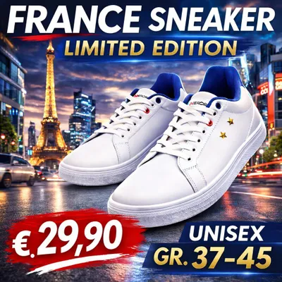 Produktbild von Weiße Sneakers Damen Herren Turnschuhe Sportschuhe modisch bequem France Tennis Freizeit Sport Gr. 39