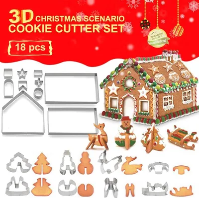 Immagine prodotto di set di stampi per biscotti natalizi in acciaio inox da 18 pezzi, casetta di pan di zenzero, albero di Natale, accessori da forno