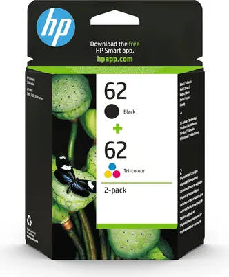 Zdjęcie produktu dla HP 62 podwójny zestaw z oryginalnymi czarnymi/trójkolorowymi atramentami, Standardowa wydajność, Czarny, Cyjan, Purpurowy, Żółty, Tusz na bazie pigmentu, Atrament barwnikowy, 2 szt., 200 stron(y)