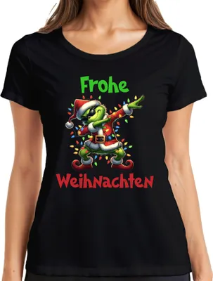 Produktbild von Frohe Weihnachten Dabender Grinch Weihnachtsmann Lichterkette Damen T-Shirt, Schwarz, S
