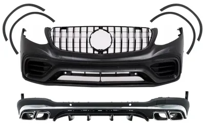 Productafbeelding van Bodykit voor Mercedes GLC SUV X253, modeljaren 2015-2019. Stootbalken en uitlaatpijpen met GLC63-uitstraling.