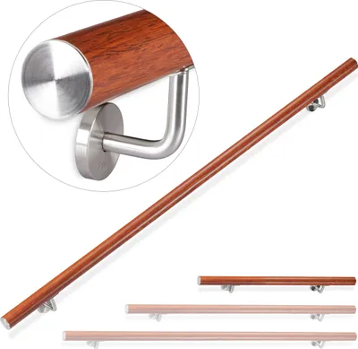 Zdjęcie produktu dla Relaxdays Poręcz aluminiowa, okrągła, do schodów wewnętrznych i zewnętrznych, imitacja dębu, 100 cm, Ø 42 mm, z uchwytem ściennym, brązowa