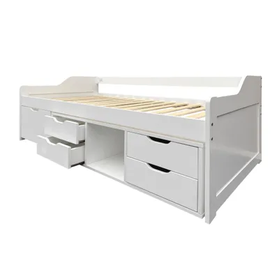 Produktbild von Schlafsofa / Tagesbett 90x190 cm (ohne Matratze), Kinderbett im schlichten Design, weisses Bett aus Kiefernholz und MDF mit Stauraum und Schubladen
