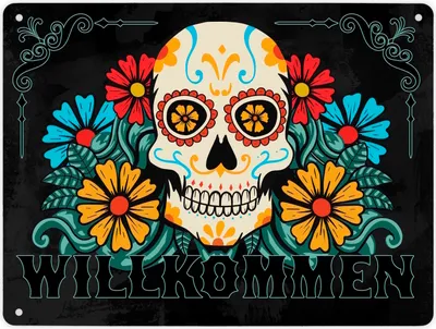 Produktbild von Willkommen Metallschild XL in 21x28 cm mit Totenkopf und Blumenmotiv