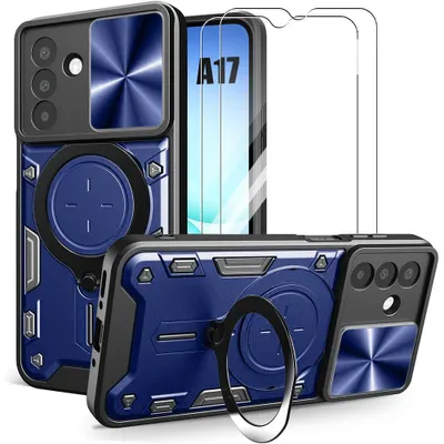Image de Coque + 2 Verres Trempés pour Samsung Galaxy A17 4G/5G, Protection avec Cache Caméra et Anneau - Bleu Marine