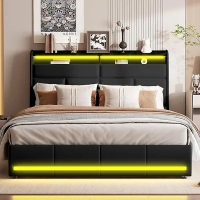 Zdjęcie produktu dla Łóżko z materacem sprężynowym, 160 x 200 cm, podwójne łóżko z oświetleniem LED, tapicerowany stelaż z pianki PU, stelaż z listew, łóżko dla dorosłych i młodzieży, kolor czarny (czarny, 160 x 200 cm)