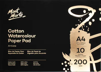 Produktbild von Mont Marte hochwertiges Aquarellpapier in A4 aus 100 % Baumwolle – 200 g/m², 10 Blätter, säurefrei & beidseitig bemalbar, ideal für Aquarellfarben